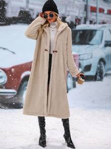 SHEIN LUNE Solid Hooded Teddy Duffle Coat - Apricot - View 4