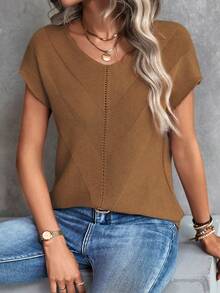 SHEIN LUNE Top de punto unicolor de manga murciélago - Caqui - Ver 5