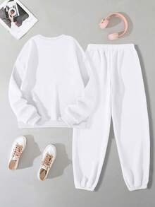 SHEIN EZwear Hình ảnh hoạt hình và chữ cái Lót nhiệt Áo nỉ & Eo dây rút Quần thể thao - trắng - Xem 2