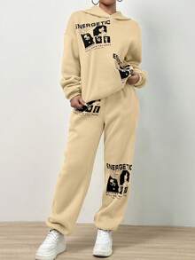 SHEIN Unity Letter Graphic Drop Shoulder Hoodie & Sweatpants - Apricot - View 4