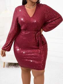 SHEIN BAE Plus Lantern Sleeve Belted Sequin Bodycon Dress - Burgundy - View 2