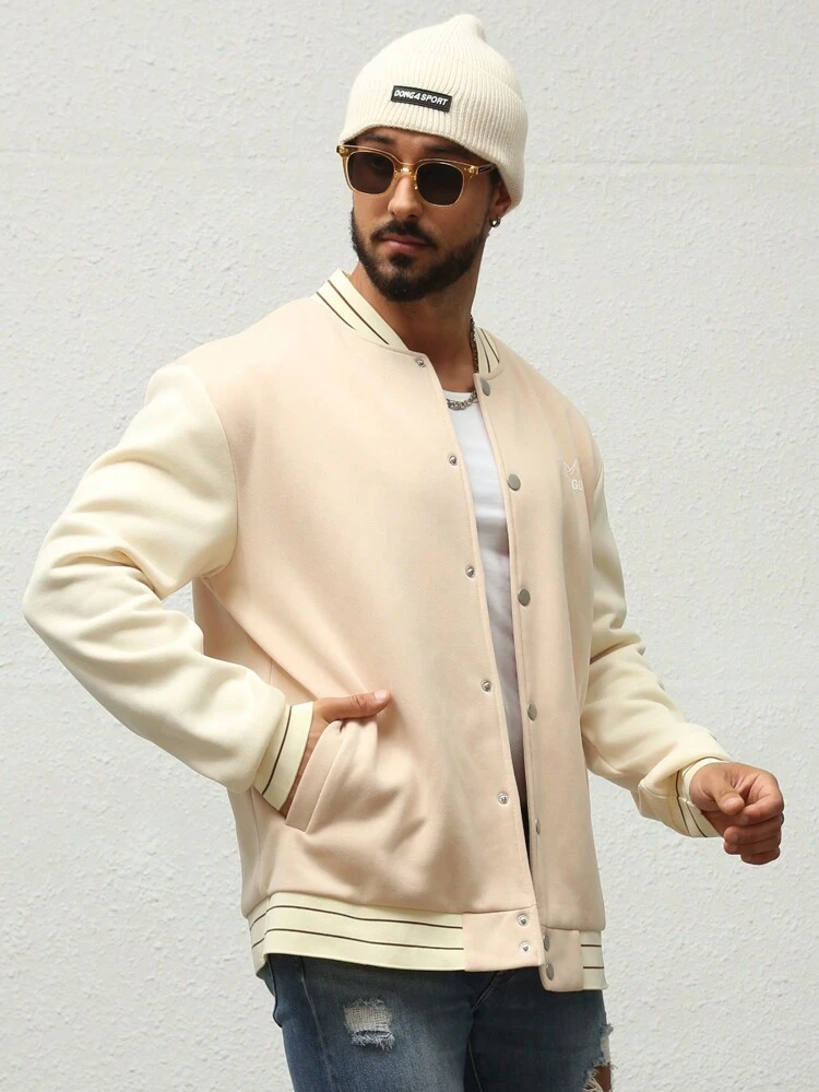 Men Plus Letter Graphic Colorblock Striped Trim Varsity Jacket