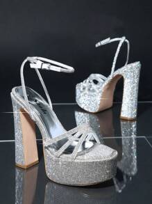 水鑽覆蓋踝帶防水台粗跟高跟鞋 - 銀色 - 查看 4
