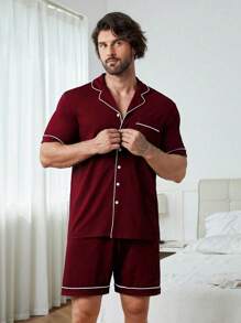 Snug Zone Men Contrast Piping PJ Set / Pajama Set - Burgundy - View 4