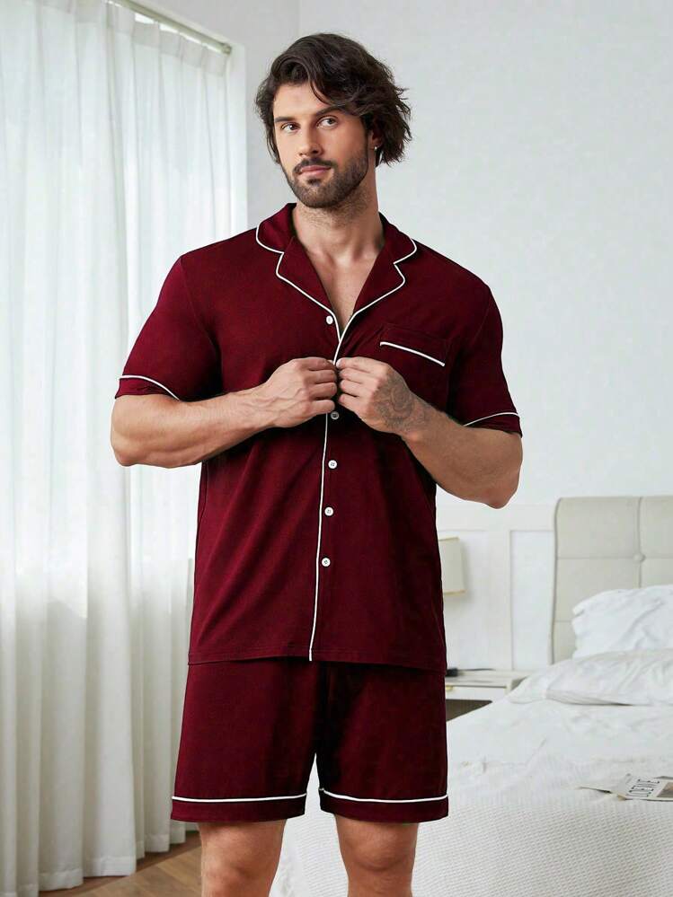 SHEIN Men Contrast Piping PJ Set / Pajama Set - Burgundy - View 4