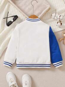 SHEIN Chàng trai trẻ Lá thư & Bản vá Gấu Sọc trang trí Áo khoác Đại học - Màu xanh lam - Xem 2