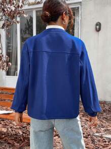SHEIN Unity 落肩袖雙口袋前紐扣花呢外套 - 藏蓝色 - 查看 2