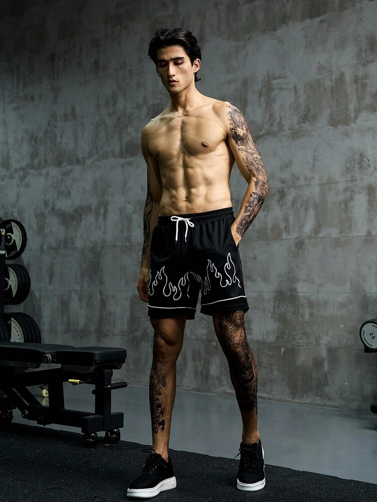 Manfinity Sport Corelite Men Fire Print Drawstring Waist Sports Shorts - Black - View 3
