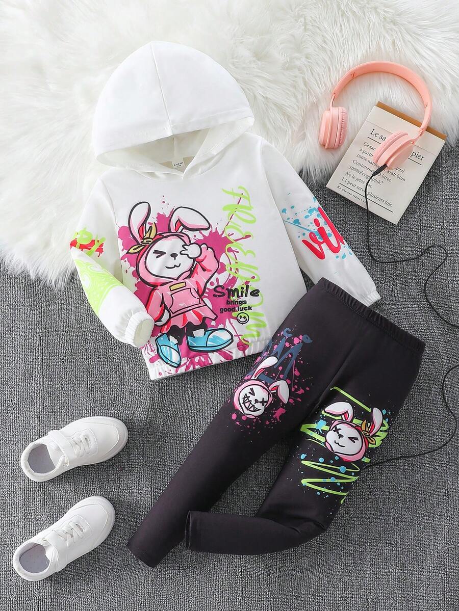 SHEIN Cô Gái Trẻ Đồ họa Hoạt hình Hoodie & Leggings - Nhiều màu - Xem 1