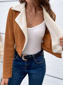 SHEIN LUNE Cổ áo Lót Teddy Áo Jacket Crop - Cà phê nâu - Xem 4
