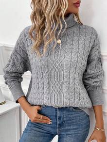 SHEIN LUNE Turtleneck Cable Knit Drop Shoulder Sweater - Grey - View 3