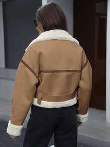 SHEIN Unity Teddy Lined Zip Up Buckle Detail Drop Shoulder Jacket - Khaki - View 2