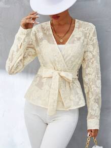 Aveloria Blusa floral jacquard con cinturón sin camisola