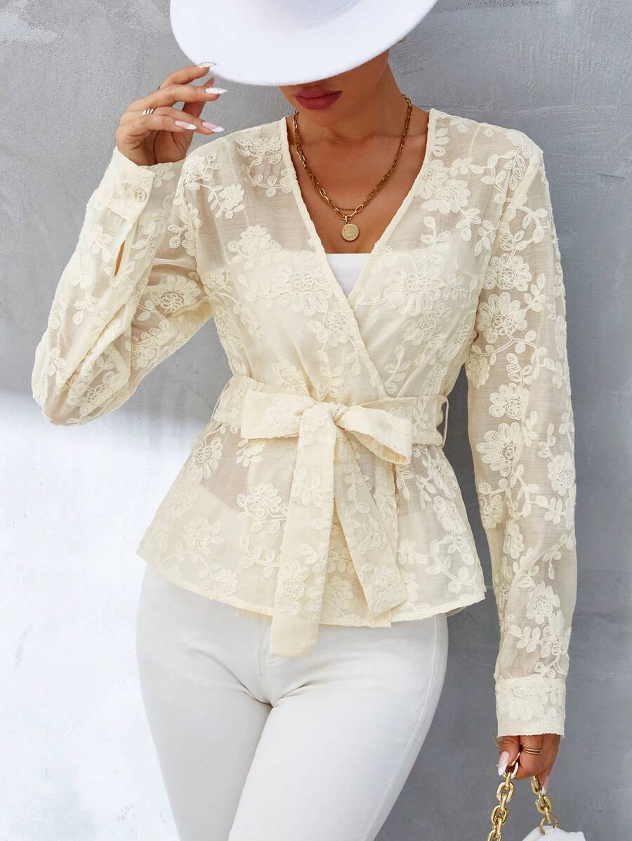 Aveloria Floral Jacquard Belted Blouse Without Camisole Fall Cloth For Women - Beige - View 1