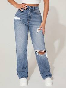 SHEIN PETITE High Waist Ripped Straight Leg Jeans - Blue - View 5