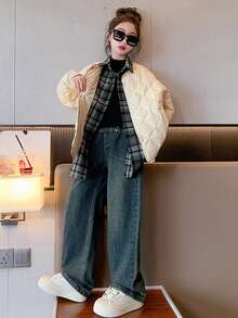 SHEIN 女童格子绗缝夹克，二合一设计 - 白色 - 查看 4