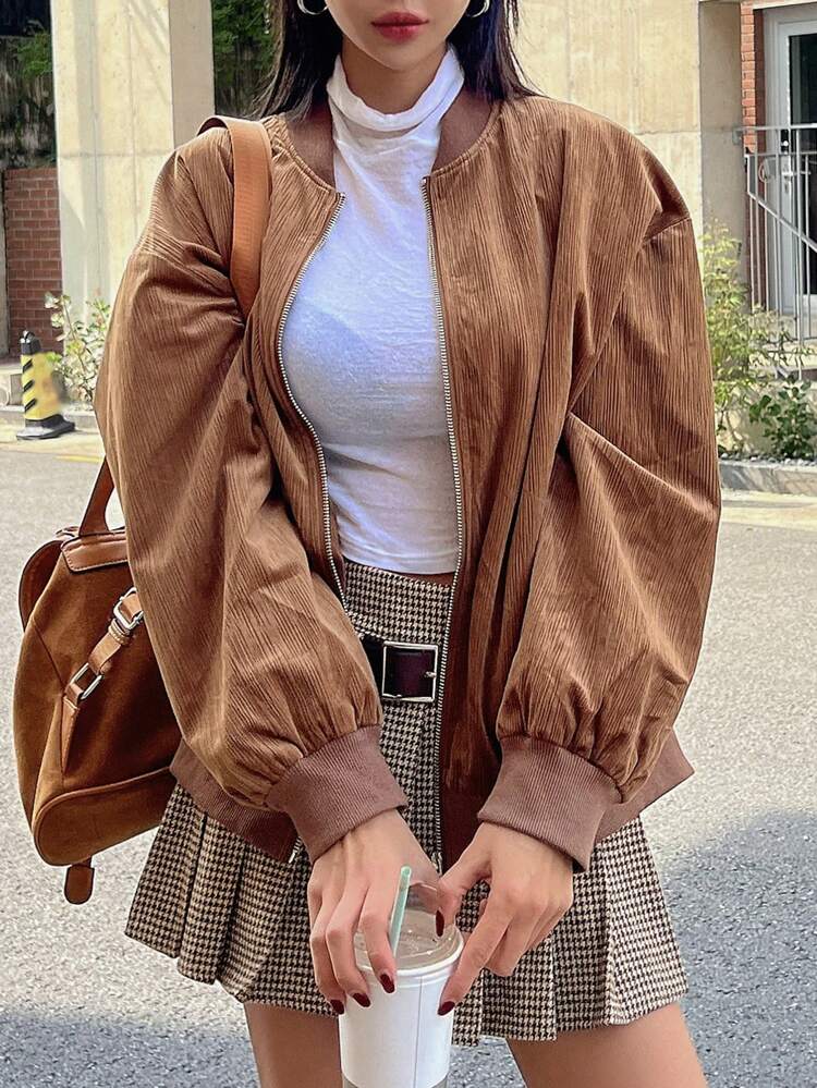 Zip Up Drop Shoulder Bomber Jacket,Fall Clothes