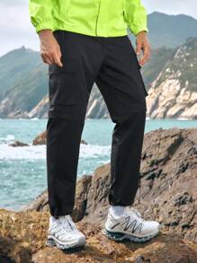 In My Nature Men Letter Graphic Colorblock Drawstring Hooded Outdoor Pants - Black - View 5