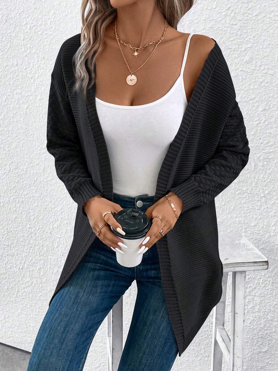 Solid Drop Shoulder Cardigan - Black - View 1