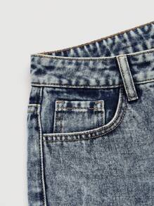 破洞直筒牛仔褲 - 深色水洗藍 - 查看 3