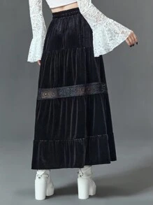 ROMWE Goth Contrast Lace Ruffle Hem Skirt - Black - View 5