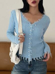 DAZY Solid Distressed Trim Button Front Cardigan,Fall Clothes - Blue - View 3