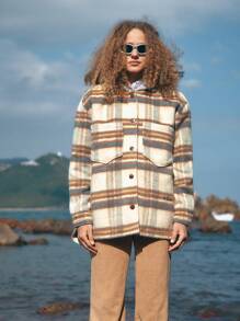 In My Nature Plaid Print Drop Shoulder Hooded Jacket - Blue - View 5