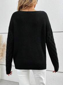 SHEIN LUNE Guipure Ren tương phản Thả vai Áo len - màu đen - Xem 2