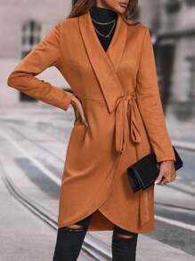 SHEIN Clasi Shawl Collar Wrap Knot Side Faux Suede Dress Fall Cloth For Women - Coffee - View 3