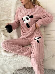 SHEIN Cottnline Panda Embroidery Flannel PJ Set - Coral Pink - View 1