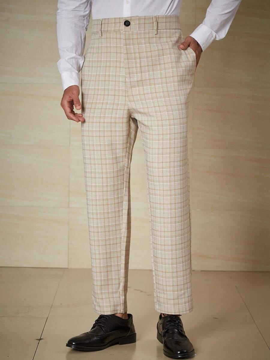 Calvornis Men Plus Plaid Print Slant Pocket Suit Pants - Khaki - View 1