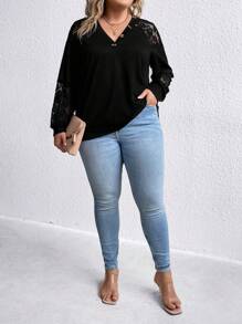 SHEIN LUNE Plus Contrast Lace Raglan Sleeve Sweatshirt - Black - View 4