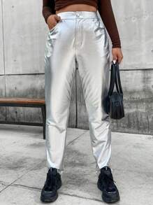 Flirla 鈕扣 口袋 拉鍊純色加大褲子 - 銀色 - 查看 5