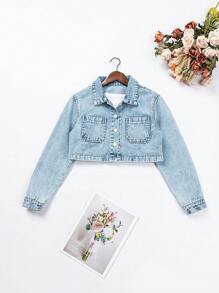 少女雙口袋單排扣短款牛仔外套 - 淺色水洗藍 - 查看 1
