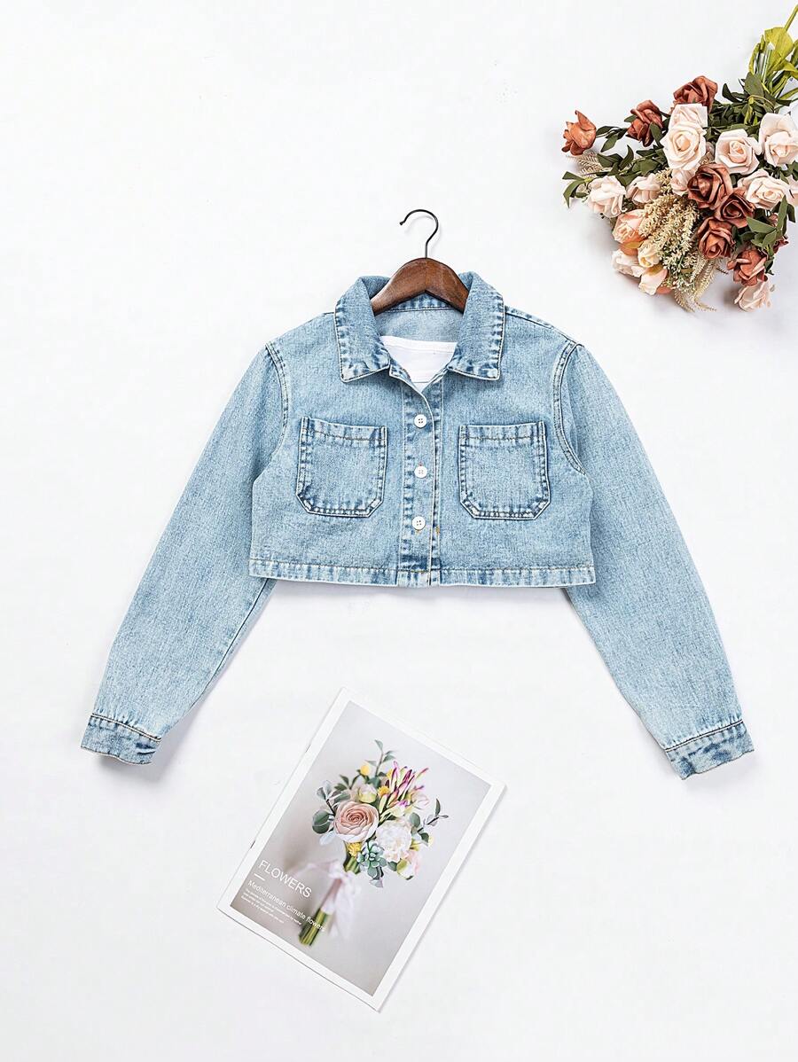 少女雙口袋單排扣短款牛仔外套 - 淺色水洗藍 - 查看 1