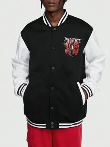 ROMWE MEN Goth 男士字母&蜘蛛印花雙色條紋飾邊學院風夾克 - 黑色 - 查看 3