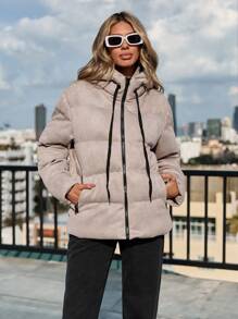 EURMUSE Women'S Drawstring Hooded Padded Jacket - Grey - View 3