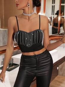 Allurite Rhinestone Fringe Trim Cami Top - Black - View 5
