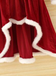 SHEIN Cô Gái Trẻ Trang trí Fuzzy Viền không đối xứng Nhung Đầm - Đỏ - Xem 7