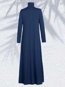Solid Mock Neck Maxi Dress - Navy Blue - View 2