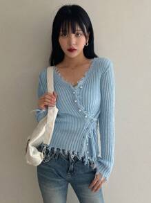 DAZY Solid Distressed Trim Button Front Cardigan,Fall Clothes - Blue - View 4