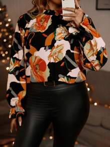 SHEIN LUNE Talla grande Blusa con estampado floral de manga con volante de cuello alto - Multicolor - Ver 6