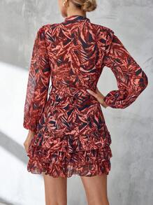 SHEIN Clasi 熱帶圖案燈籠袖荷葉邊繫腰帶洋裝 - 彩色 - 查看 2