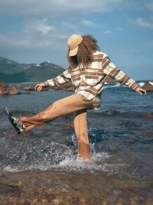 In My Nature Plaid Print Drop Shoulder Hooded Jacket - Blue - View 3