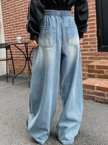 Dazy Star Women's Drawstring Waist Wide Leg Denim Pants - Medium Wash - View 2