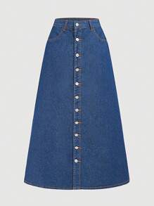 SHEIN Essnce 前紐扣A字型牛仔半身裙 - 中等水洗藍 - 查看 1