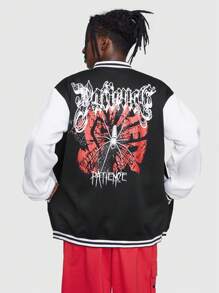 ROMWE MEN Goth 男士字母&蜘蛛印花雙色條紋飾邊學院風夾克 - 黑色 - 查看 1