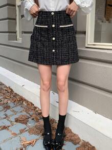 Dazy Star Button Front Tweed Skirt Fall,Winter Plaid - Black - View 8