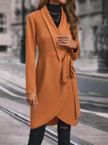 SHEIN Clasi Shawl Collar Wrap Knot Side Faux Suede Dress Fall Cloth For Women - Coffee - View 4