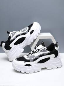 Men Lace Up Color Block Chunky Sneakers, Mesh Sporty Sneakers For Outdoor - Black and White - View 1